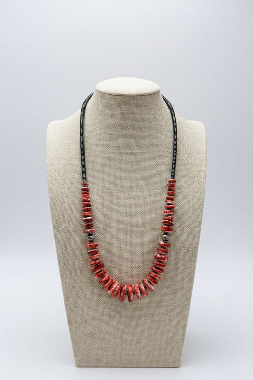Red Spiny Oyster & Black Hematite Necklace – 23.5 inch - Cowhide and Conchos