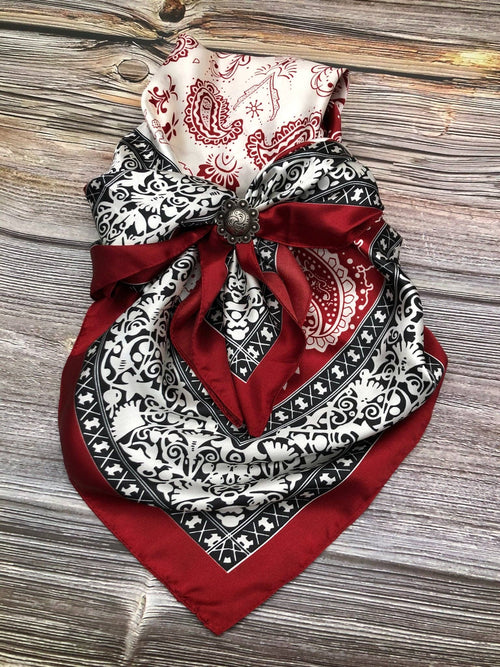 Red/Black Double Paisley Wild Rag - Cowhide and Conchos