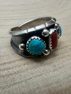 Reed Charley Navajo Handmade Kingman Turquoise and Coral Ring - Cowhide and Conchos