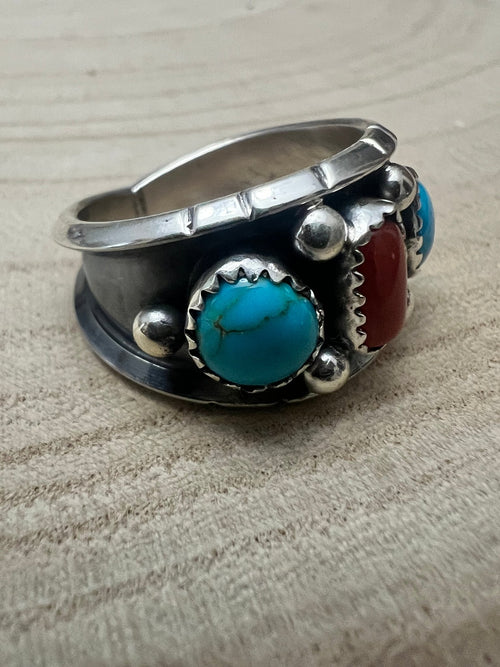 Reed Charley Navajo Handmade Kingman Turquoise and Coral Ring - Cowhide and Conchos