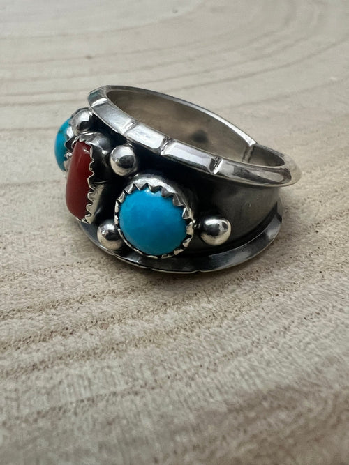 Reed Charley Navajo Handmade Kingman Turquoise and Coral Ring - Cowhide and Conchos