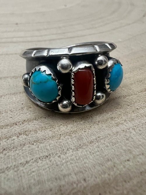 Reed Charley Navajo Handmade Kingman Turquoise and Coral Ring - Cowhide and Conchos