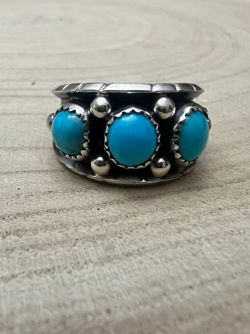 Reed Charley Navajo Handmade Kingman Turquoise Ring - Cowhide and Conchos