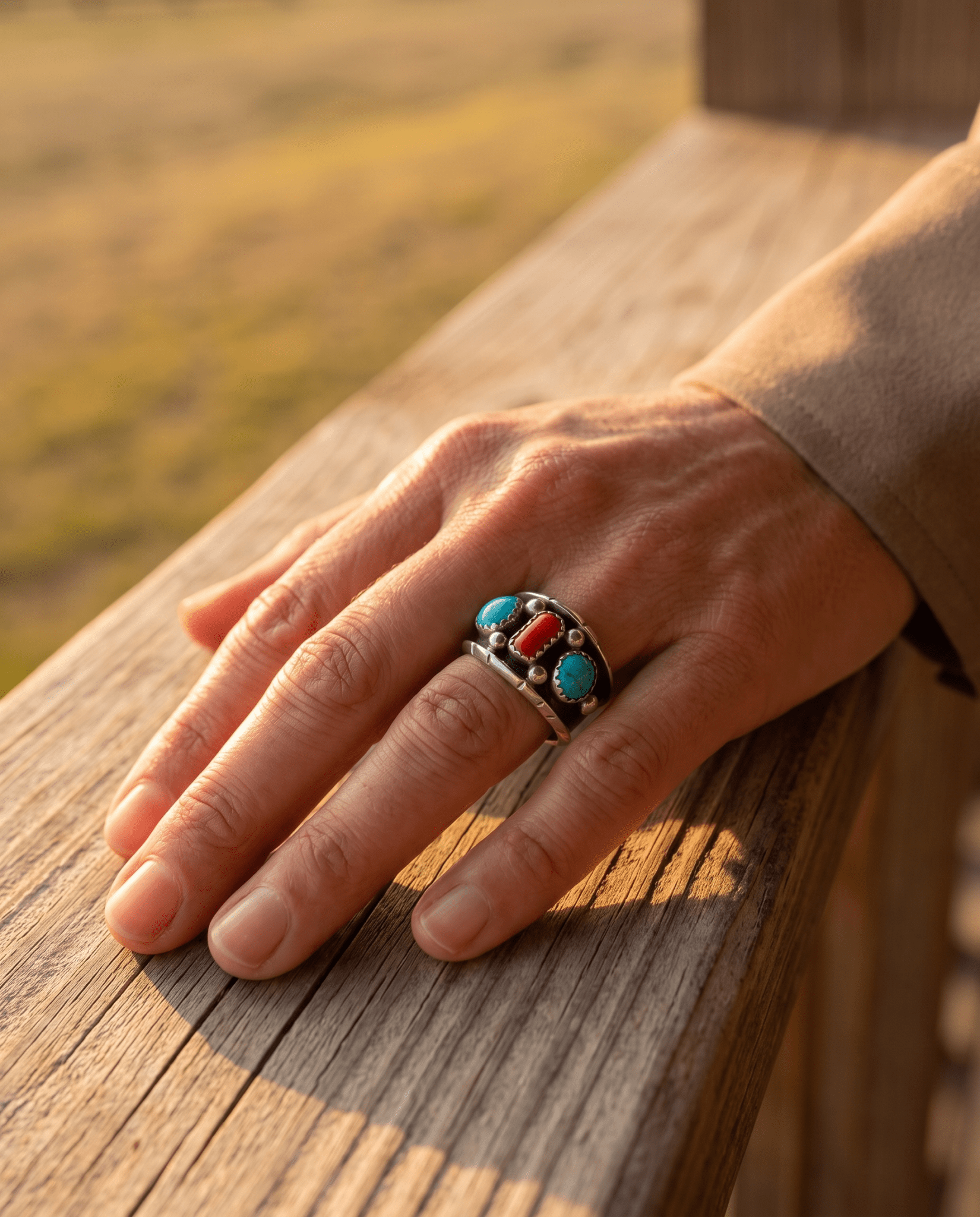 Reed Charley Navajo Kingman Turquoise & Coral Sterling Silver Ring - Cowhide and Conchos