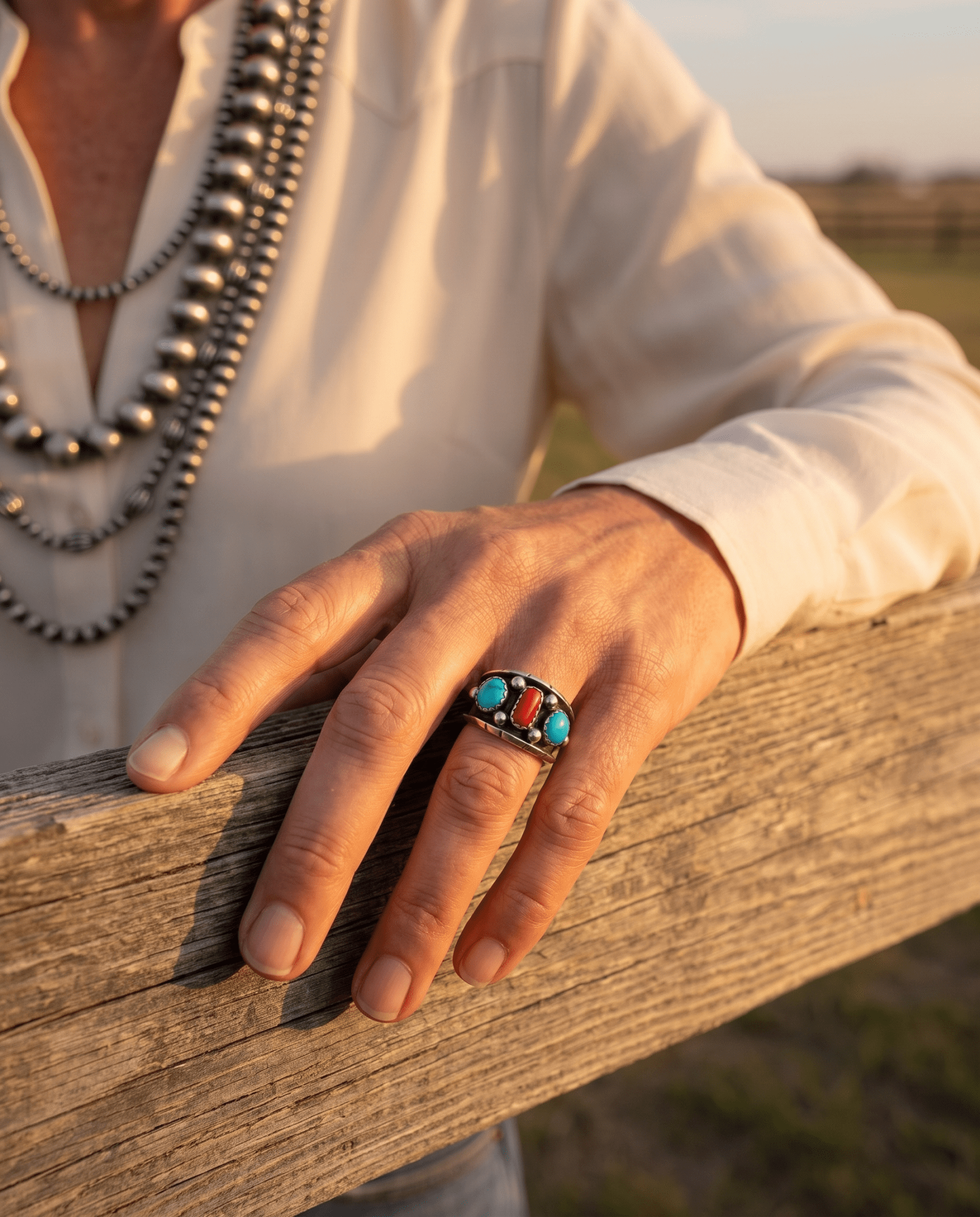 Reed Charley Navajo Kingman Turquoise & Coral Sterling Silver Ring - Cowhide and Conchos