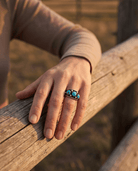 Reed Charley Navajo Kingman Turquoise Sterling Silver Ring - Cowhide and Conchos