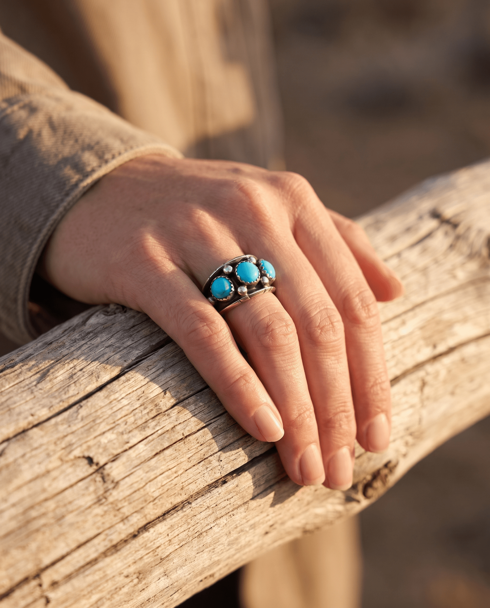 Reed Charley Navajo Kingman Turquoise Sterling Silver Ring - Cowhide and Conchos