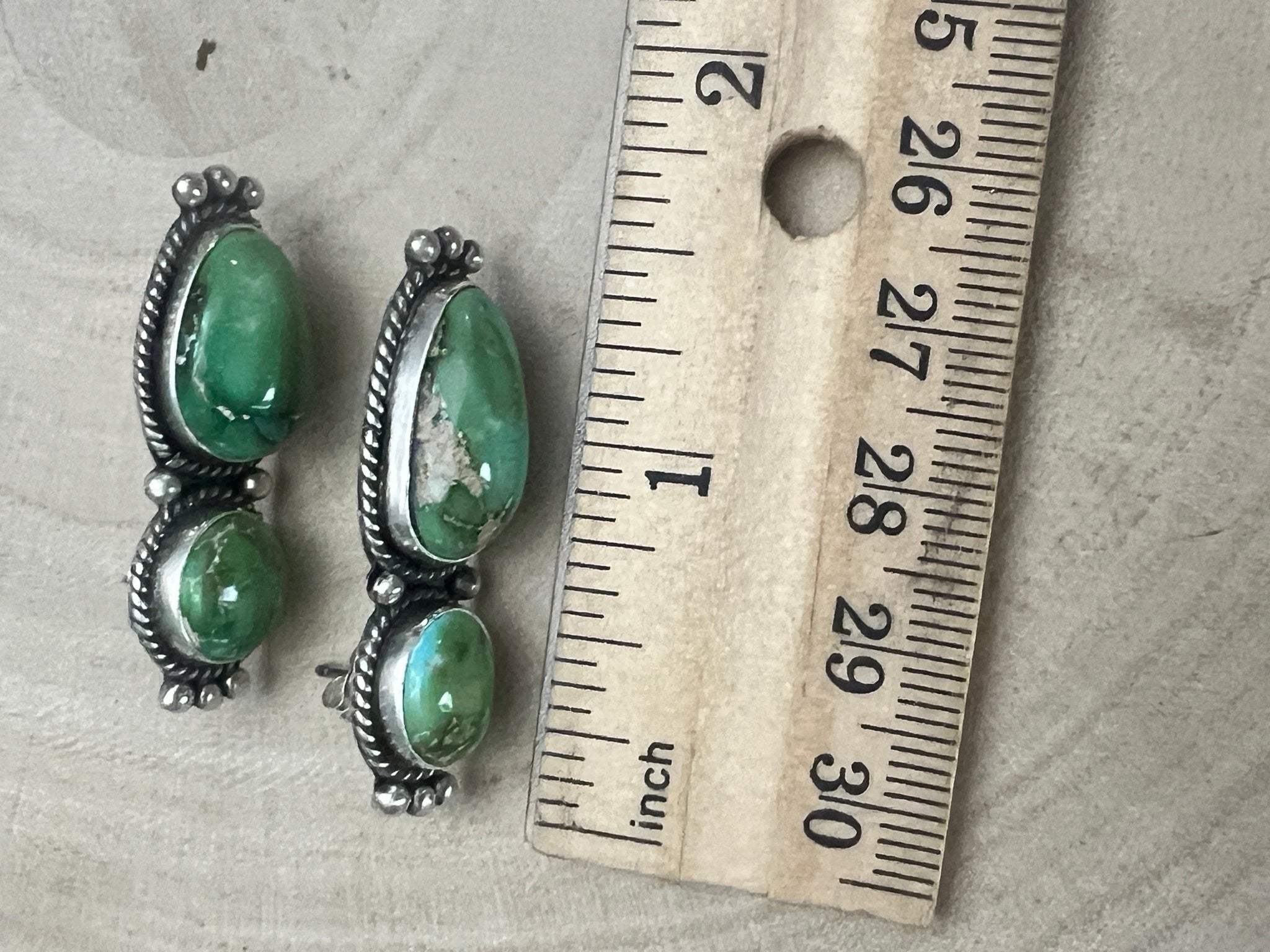 Rena Begay Navajo Sterling Silver Earrings with Sonoran Mountain Turquoise — 1 1/2" × 1/2" (R. Begay Hallmarked, Heirloom) - Cowhide and Conchos