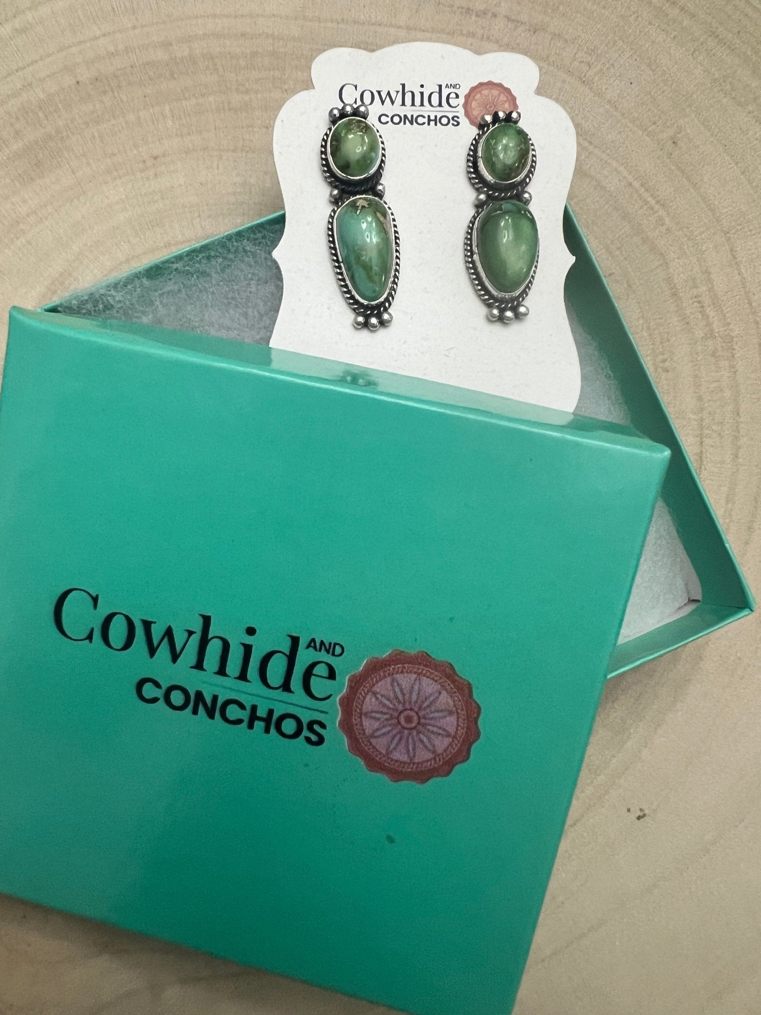 Rena Begay Navajo Sterling Silver Earrings with Sonoran Mountain Turquoise — 1 1/2" × 1/2" (R. Begay Hallmarked, Heirloom) - Cowhide and Conchos