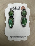 Rena Begay Navajo Sterling Silver Earrings with Sonoran Mountain Turquoise — 1 1/2" × 1/2" (R. Begay Hallmarked, Heirloom) - Cowhide and Conchos
