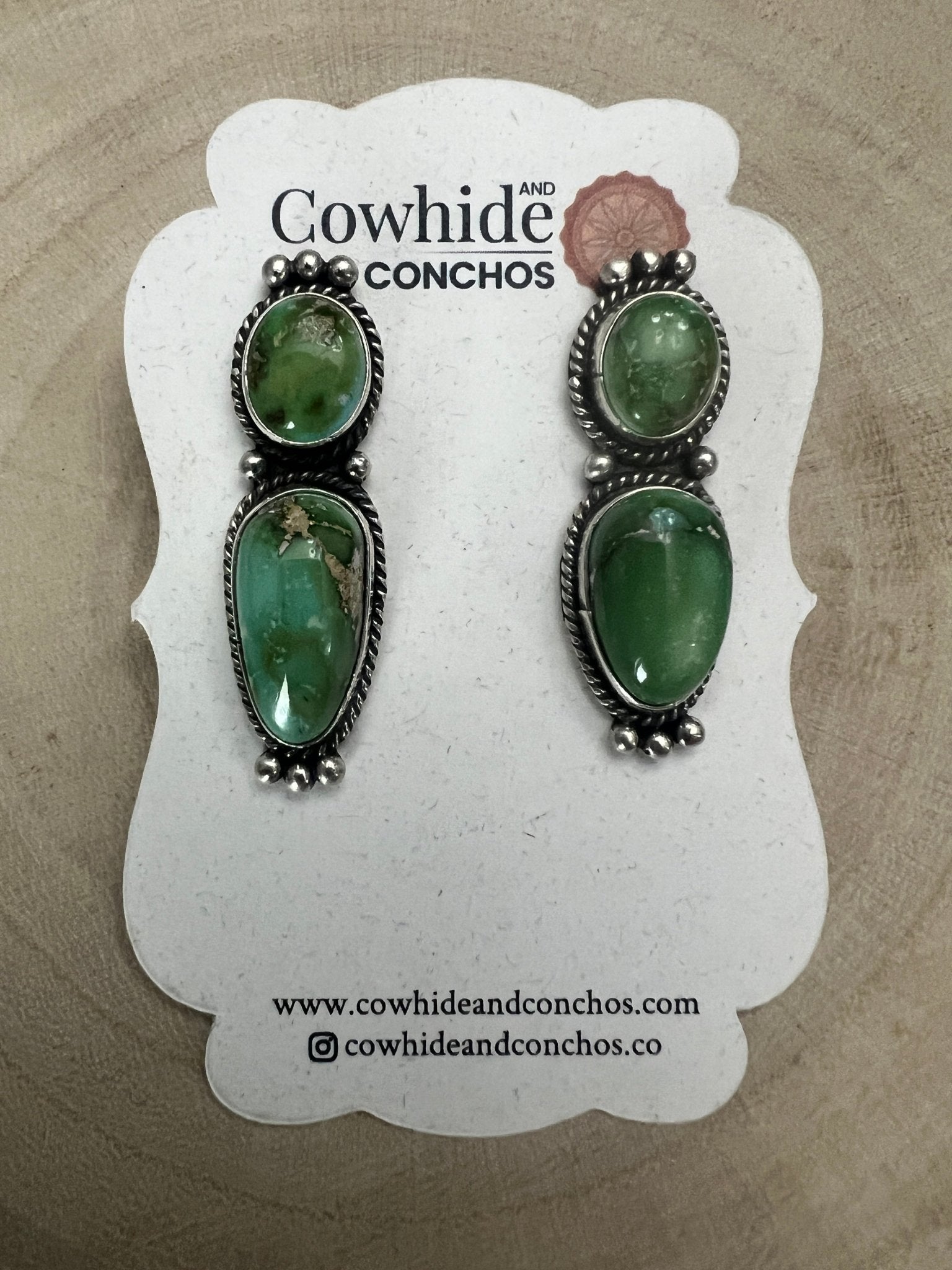 Rena Begay Navajo Sterling Silver Earrings with Sonoran Mountain Turquoise — 1 1/2" × 1/2" (R. Begay Hallmarked, Heirloom) - Cowhide and Conchos