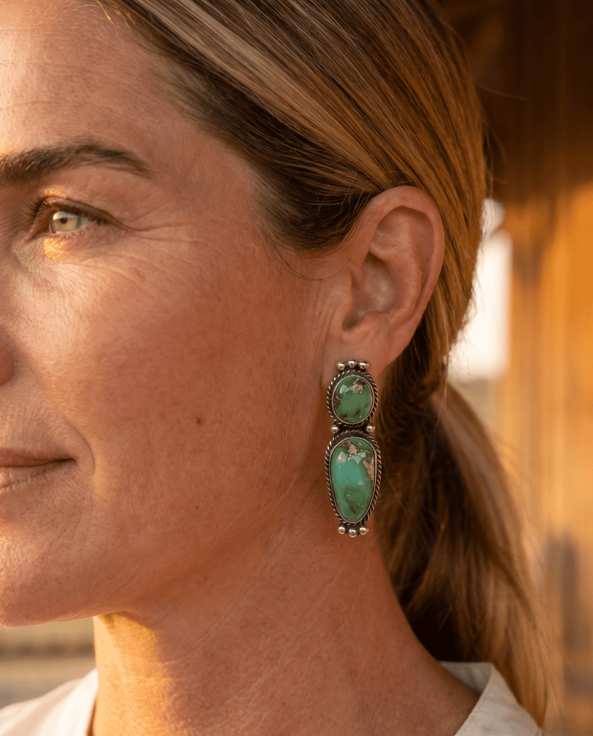 Rena Begay Navajo Sterling Silver Earrings with Sonoran Mountain Turquoise — 1 1/2" × 1/2" (R. Begay Hallmarked, Heirloom) - Cowhide and Conchos