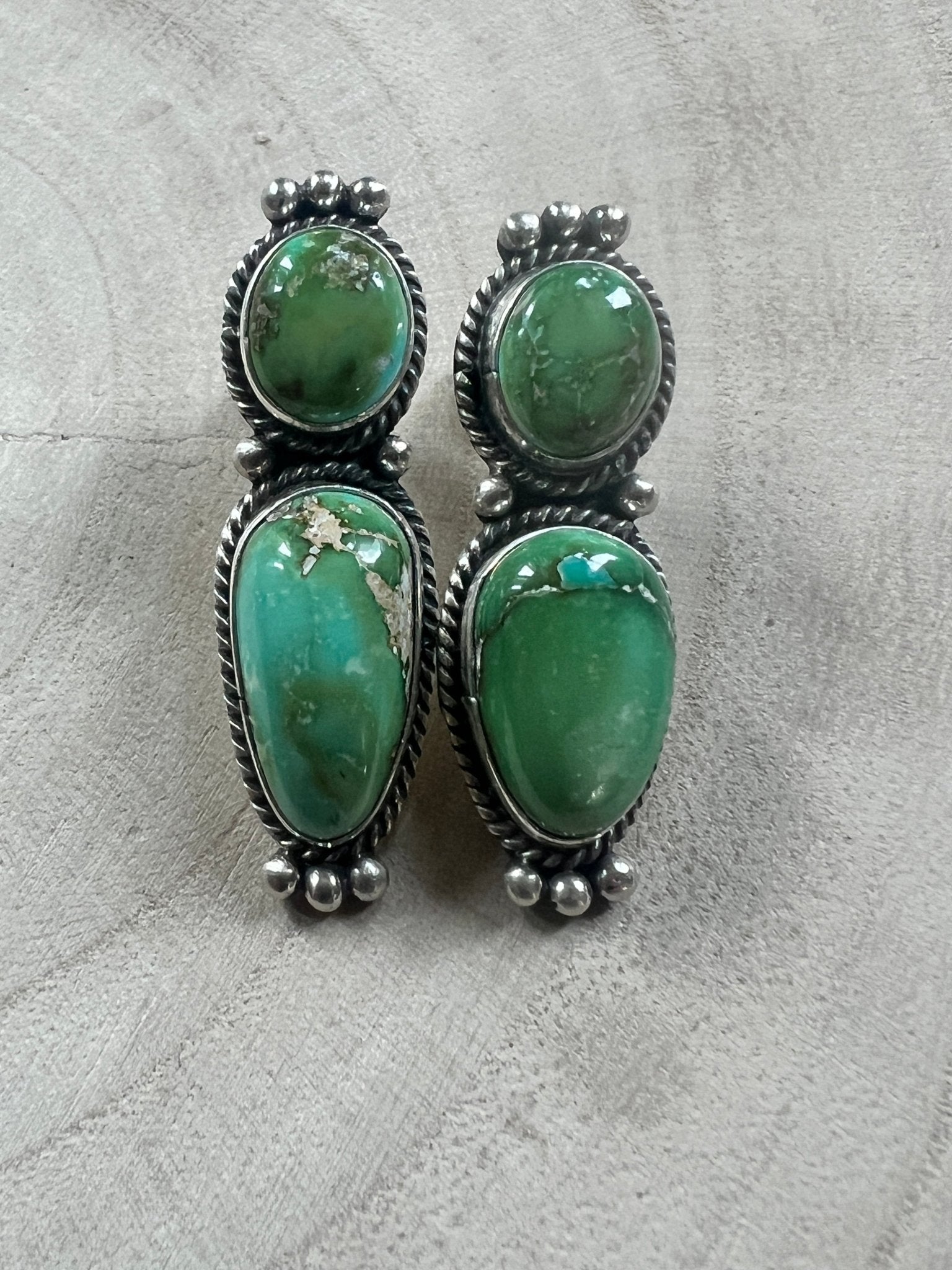 Rena Begay Navajo Sterling Silver Earrings with Sonoran Mountain Turquoise — 1 1/2" × 1/2" (R. Begay Hallmarked, Heirloom) - Cowhide and Conchos