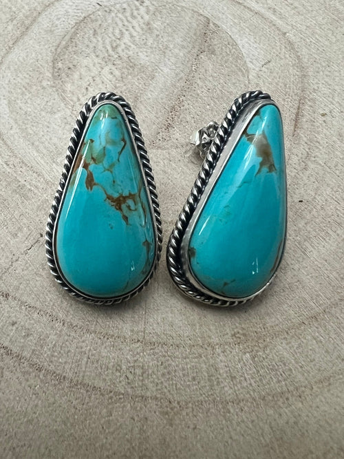 Rena Begay Turquoise & Sterling Silver Earrings - Cowhide and Conchos