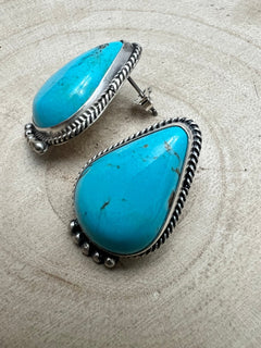Rena Begay Turquoise & Sterling Silver Earrings - Cowhide and Conchos