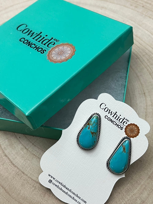 Rena Begay Turquoise & Sterling Silver Earrings - Cowhide and Conchos