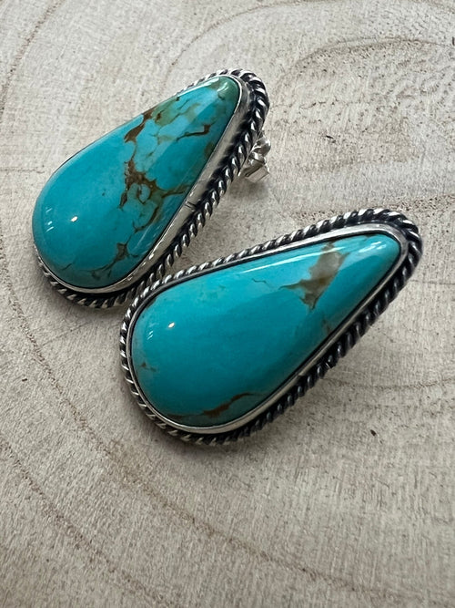 Rena Begay Turquoise & Sterling Silver Earrings - Cowhide and Conchos