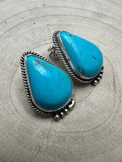 Rena Begay Turquoise & Sterling Silver Earrings - Cowhide and Conchos