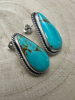 Rena Begay Turquoise & Sterling Silver Earrings - Cowhide and Conchos