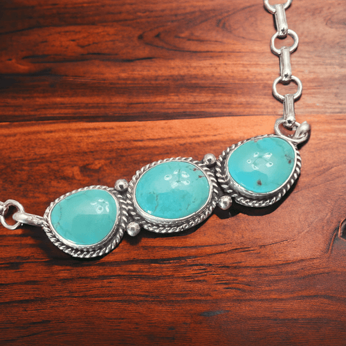 Rena Begay Turquoise & Sterling Silver Necklace - 16 to 18 inch - Cowhide and Conchos