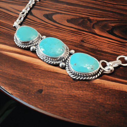 Rena Begay Turquoise & Sterling Silver Necklace - 16 to 18 inch - Cowhide and Conchos