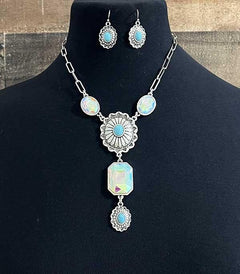 Rhinestone Concho Necklace & Earrings Set - Cowhide and Conchos