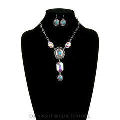 Rhinestone Concho Necklace & Earrings Set - Cowhide and Conchos