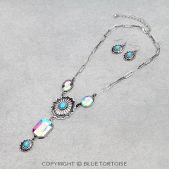 Rhinestone Concho Necklace & Earrings Set - Cowhide and Conchos