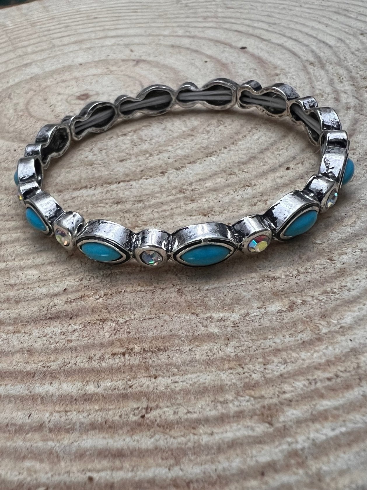 Rhinestone & Faux Turquoise Stretch Bracelet - Cowhide and Conchos