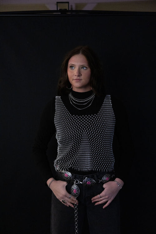 Rhinestone Mesh Top - Pink, White, or Black - Cowhide and Conchos