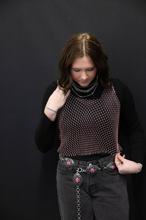 Rhinestone Mesh Top - Pink, White, or Black - Cowhide and Conchos