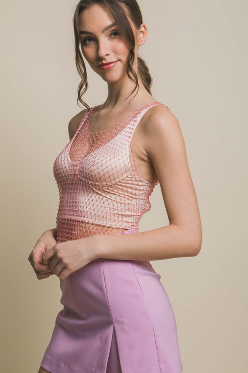 Rhinestone Mesh Top - Pink, White, or Black - Cowhide and Conchos