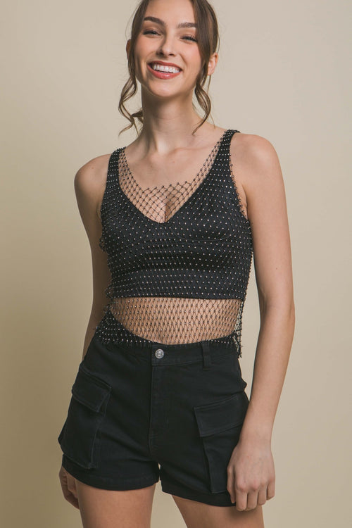 Rhinestone Mesh Top - Pink, White, or Black - Cowhide and Conchos