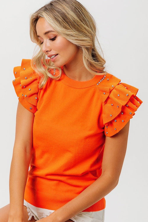 Rhinestone Ruffled Rib Knit Top - Small and Medium available - Cowhide and Conchos