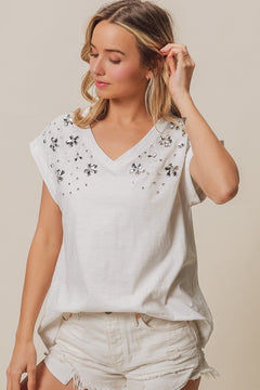 Rhinestone V Neck Top - Cowhide and Conchos