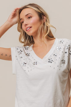 Rhinestone V Neck Top - Cowhide and Conchos