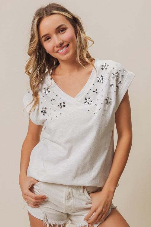 Rhinestone V Neck Top - Cowhide and Conchos