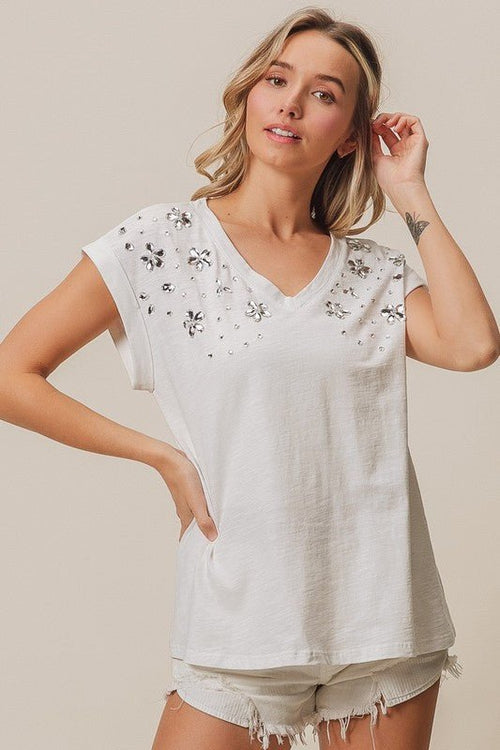 Rhinestone V Neck Top - Cowhide and Conchos
