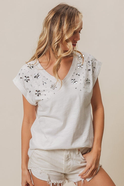 Rhinestone V Neck Top - Cowhide and Conchos
