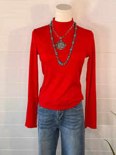 Ribbed Long Sleeve Mock Neck Top - Red, Teal, Black and brown - Cowhide and Conchos