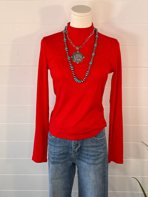 Ribbed Long Sleeve Mock Neck Top - Red, Teal, Black and brown - Cowhide and Conchos