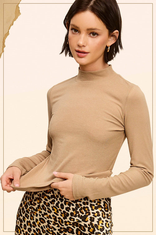 Ribbed Long Sleeve Mock Neck Top - Red, Teal, Black and brown - Cowhide and Conchos