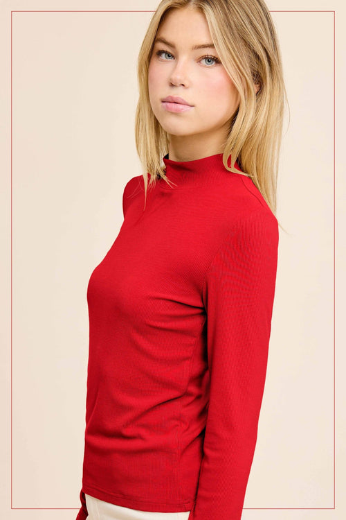 Ribbed Long Sleeve Mock Neck Top - Red, Teal, Black and brown - Cowhide and Conchos