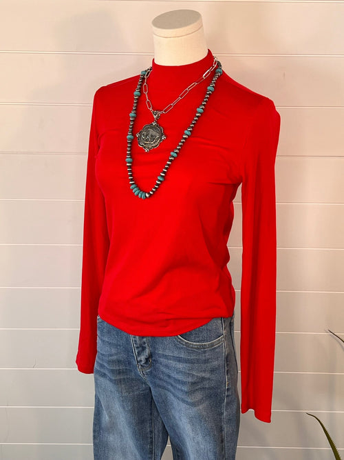 Ribbed Long Sleeve Mock Neck Top - Red, Teal, Black and brown - Cowhide and Conchos