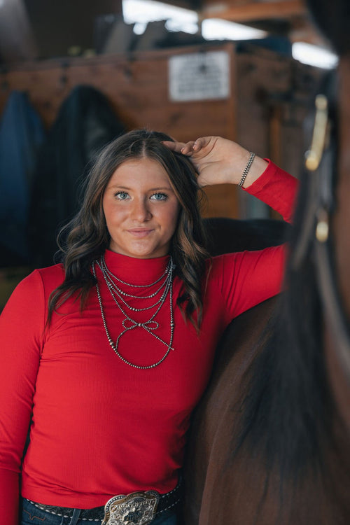 Ribbed Long Sleeve Mock Neck Top - Red, Teal, Black and brown - Cowhide and Conchos
