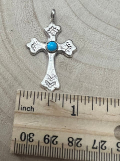 Rick Tolino Handmade Kingman Turquoise Cross Pendant - Cowhide and Conchos