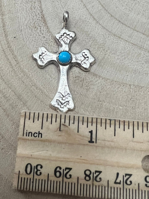 Rick Tolino Handmade Kingman Turquoise Cross Pendant - Cowhide and Conchos