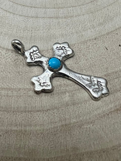Rick Tolino Handmade Kingman Turquoise Cross Pendant - Cowhide and Conchos