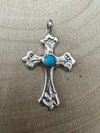 Rick Tolino Handmade Kingman Turquoise Cross Pendant - Cowhide and Conchos