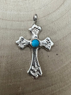 Rick Tolino Handmade Kingman Turquoise Cross Pendant - Cowhide and Conchos